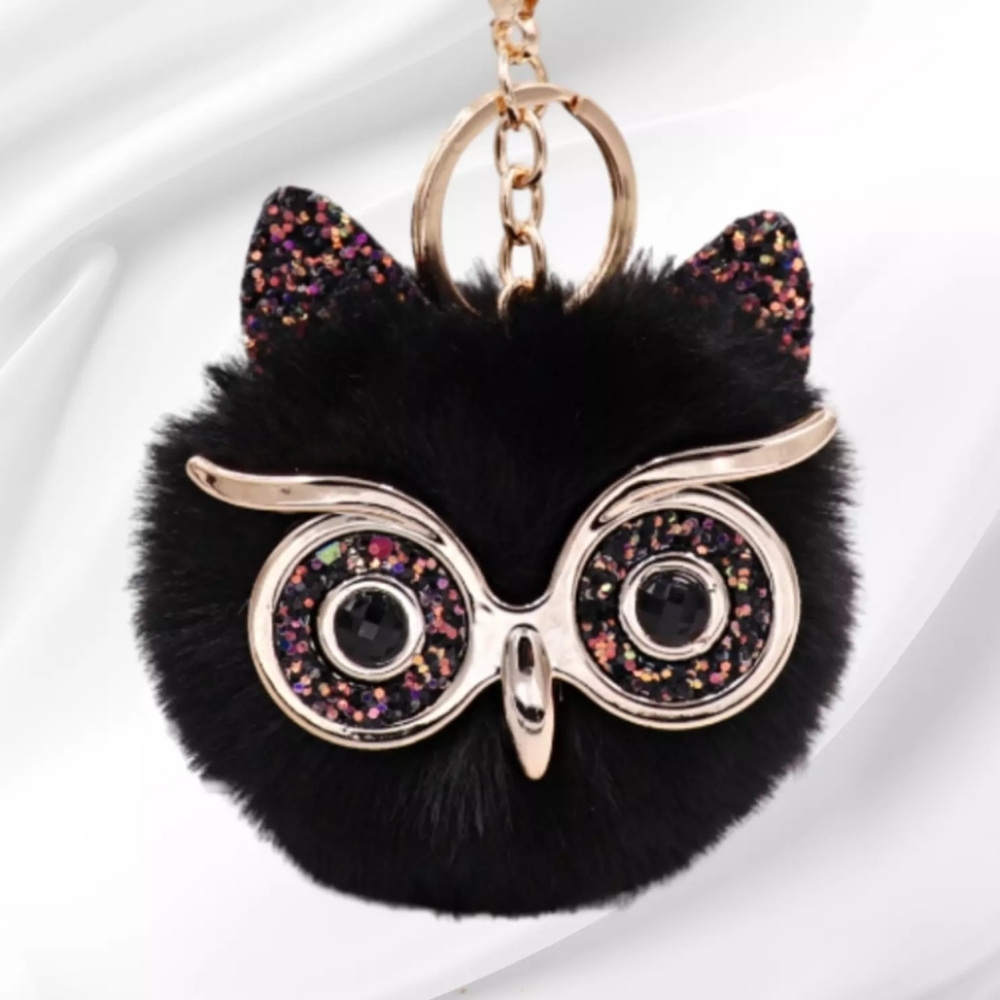 Black‎ Fluffy Owl Fur Pom Pom Keychain Faux Fur Black Pink Silver Eyes NWT